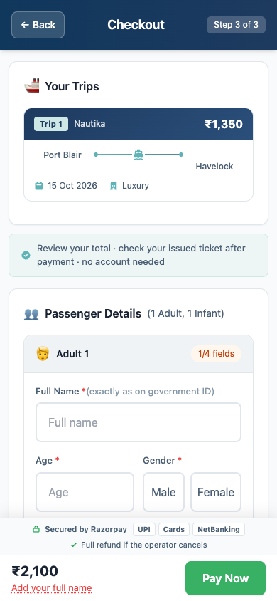 Actual BookYourFerry checkout interface showing an empty passenger form and a demonstration total
