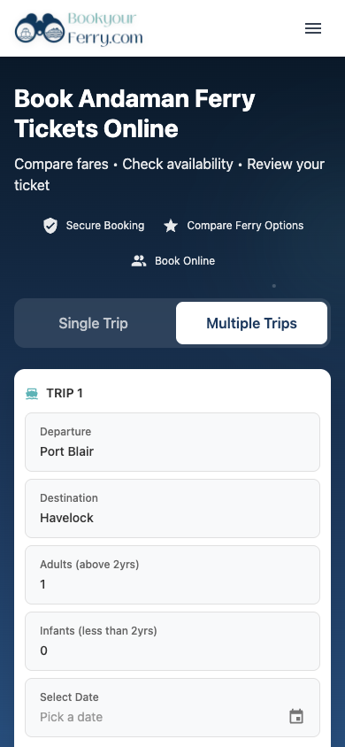 Actual BookYourFerry mobile search screen with departure, destination and passenger controls