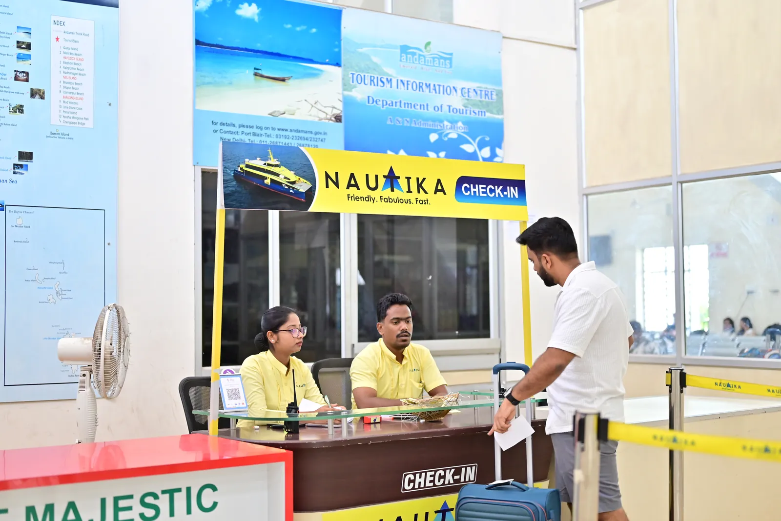 Ferry check-in counters inside the Haddo Jetty passenger terminal