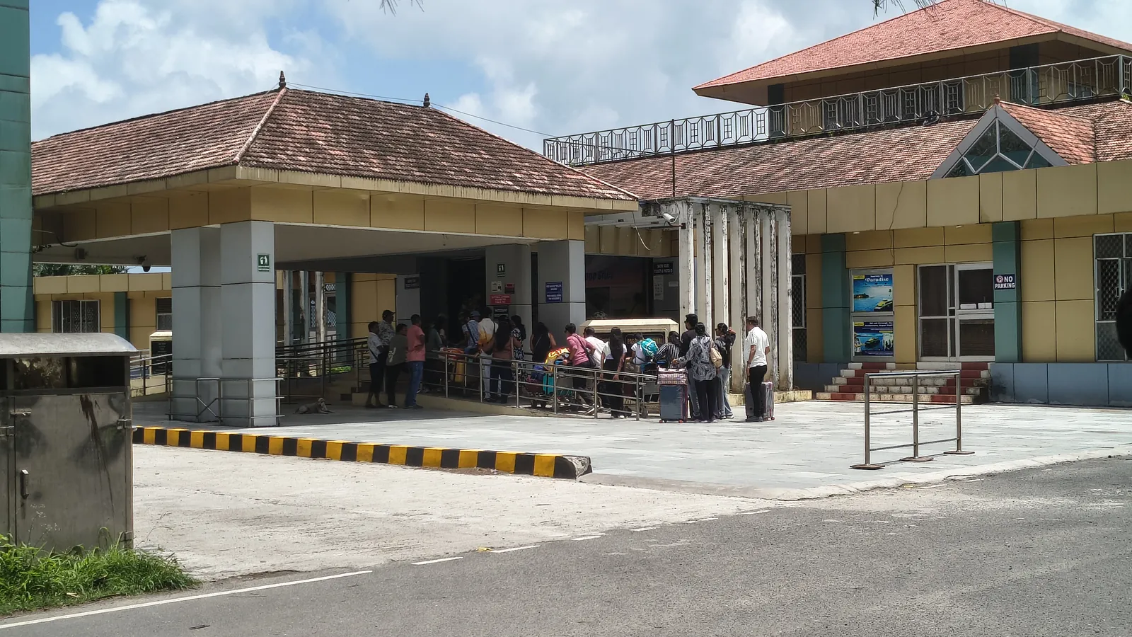 Haddo Jetty terminal — passengers checking in with luggage before a morning departure