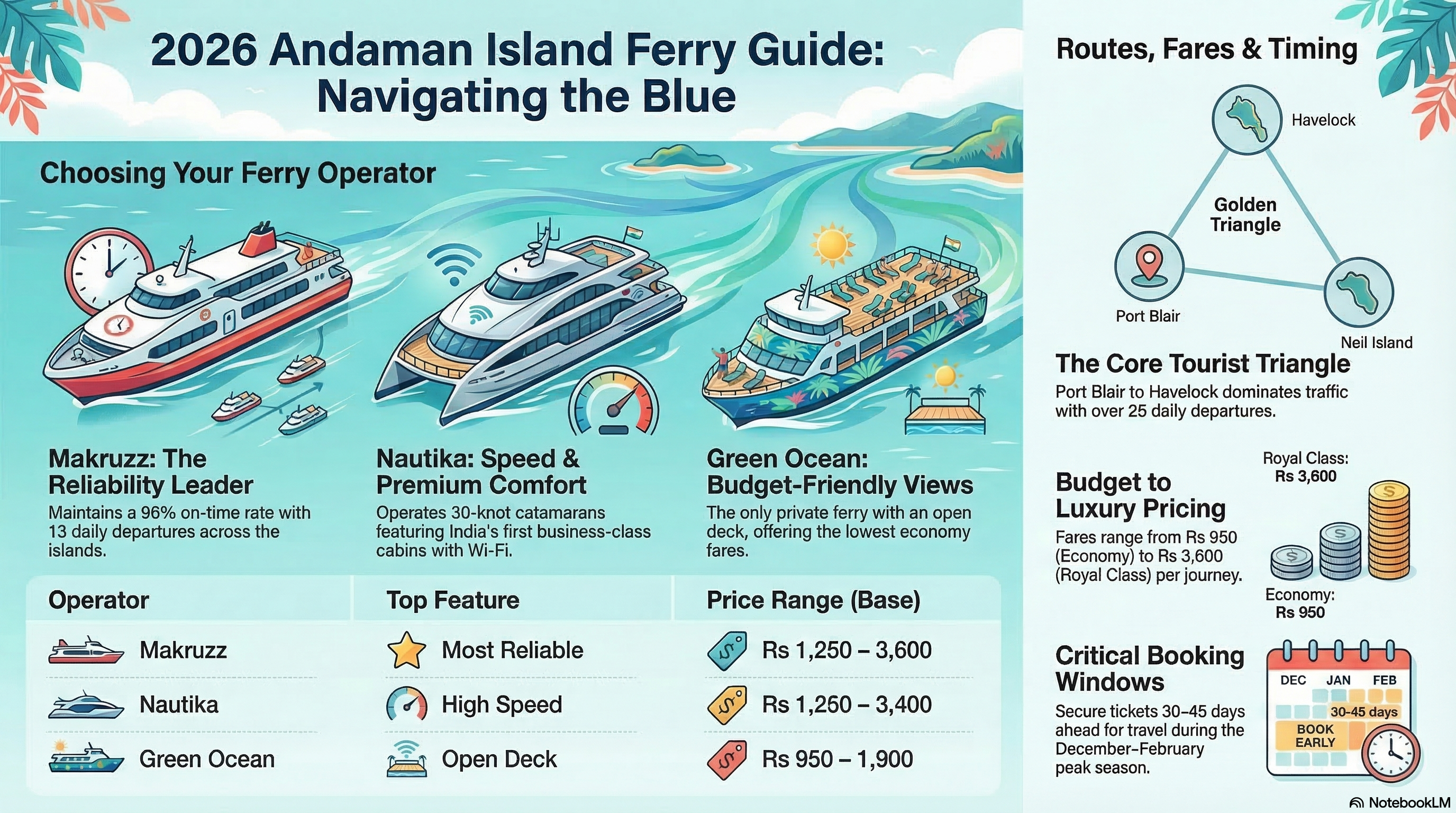 2026 Andaman Island Ferry Guide infographic showing operator comparison with Makruzz Nautika and Green Ocean, Golden Triangle route map, pricing tiers, and critical booking windows