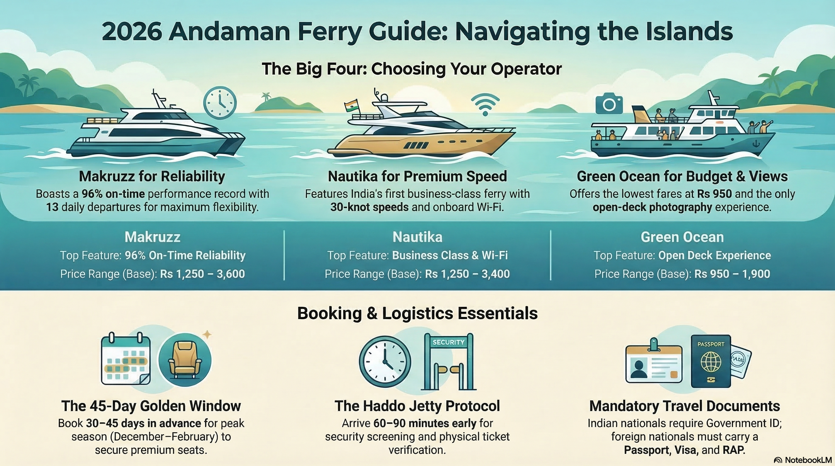 2026 Andaman Ferry Guide infographic comparing Makruzz Nautika and Green Ocean operators with booking logistics, Haddo Jetty protocol, and travel document requirements