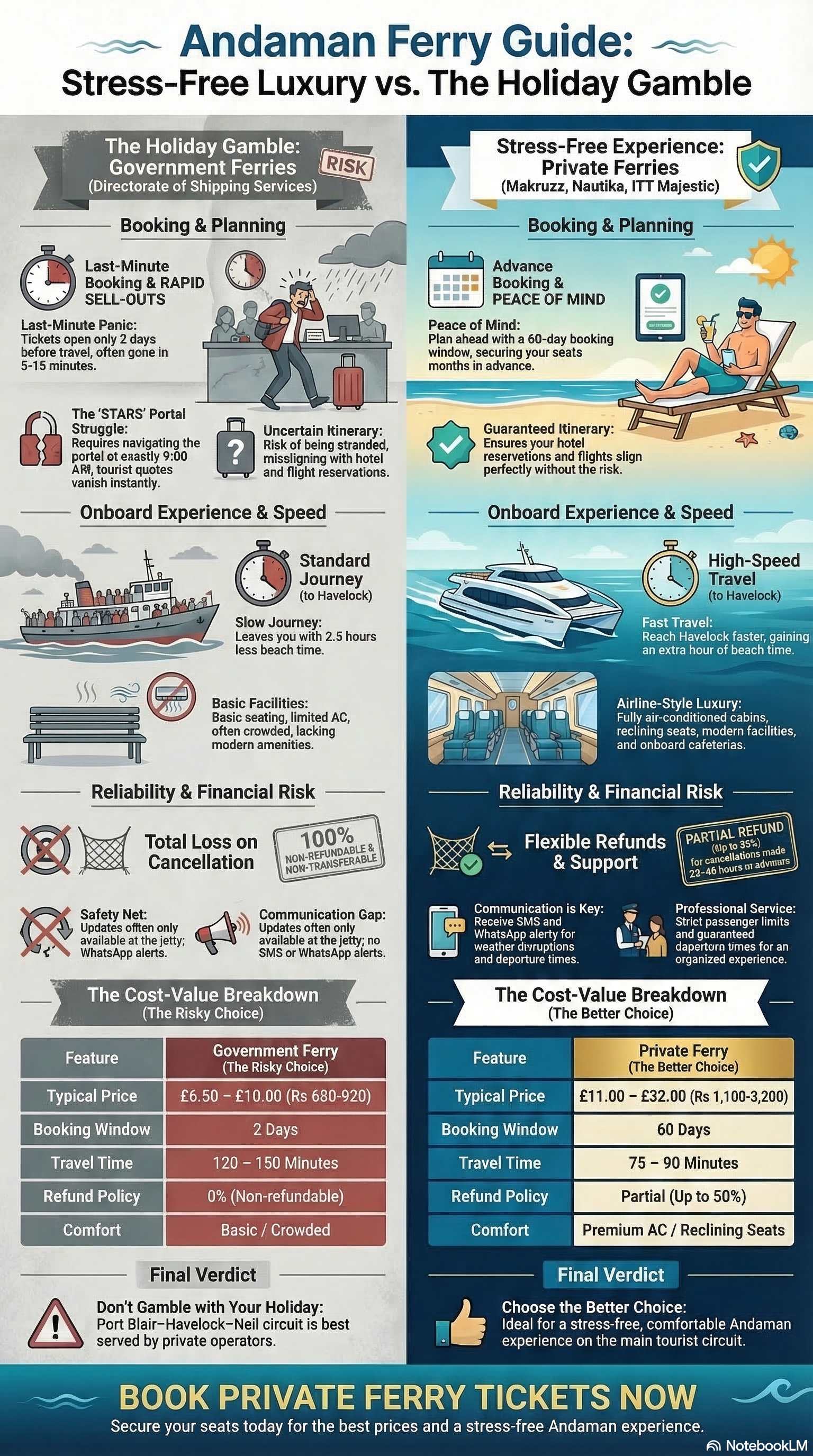 Government vs private ferry Andaman infographic comparing booking, onboard experience, speed, reliability, refund policy, and cost-value breakdown
