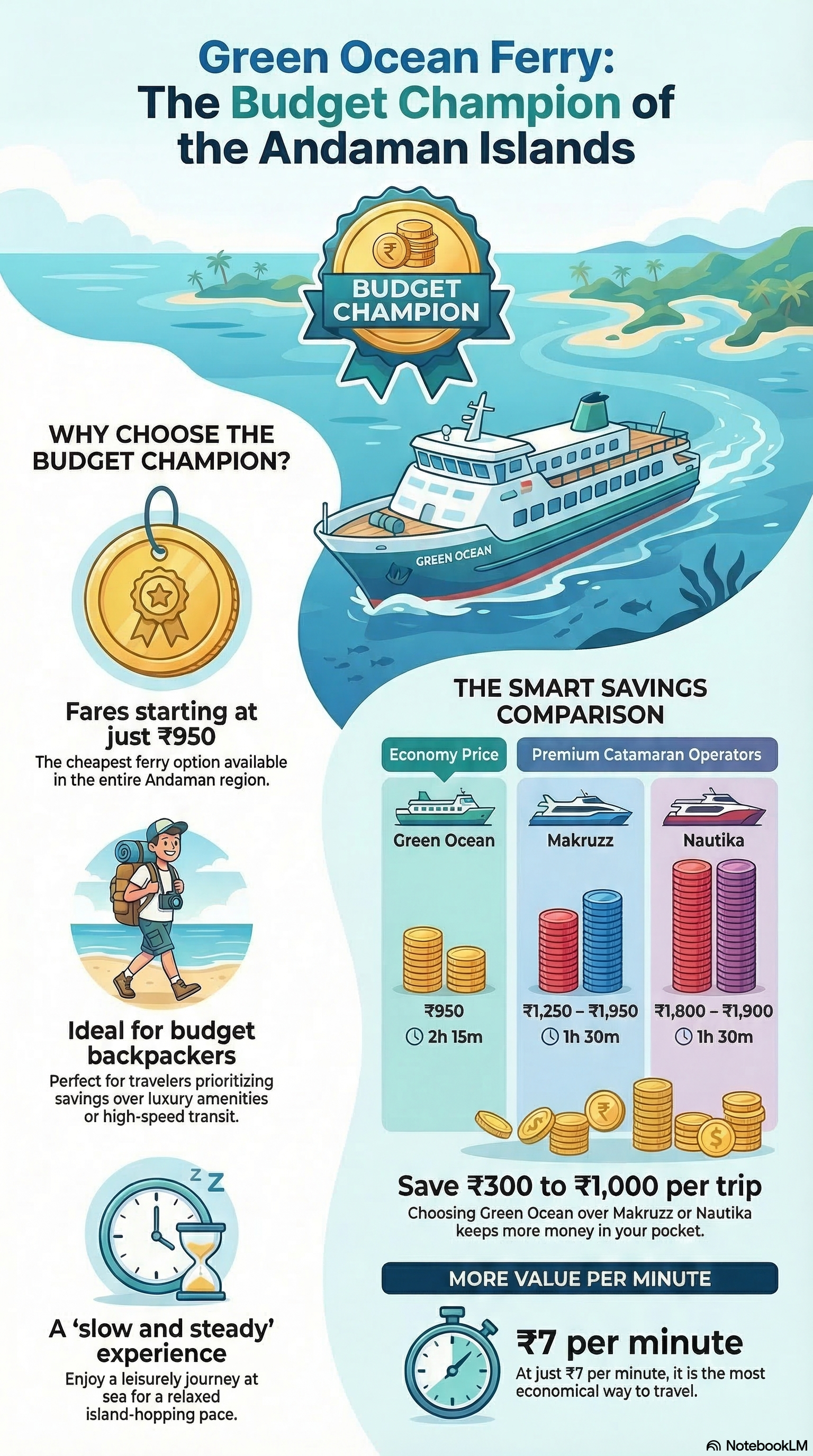 Green Ocean Ferry budget champion infographic showing fares from Rs 950, savings comparison vs Makruzz and Nautika, and value per minute breakdown