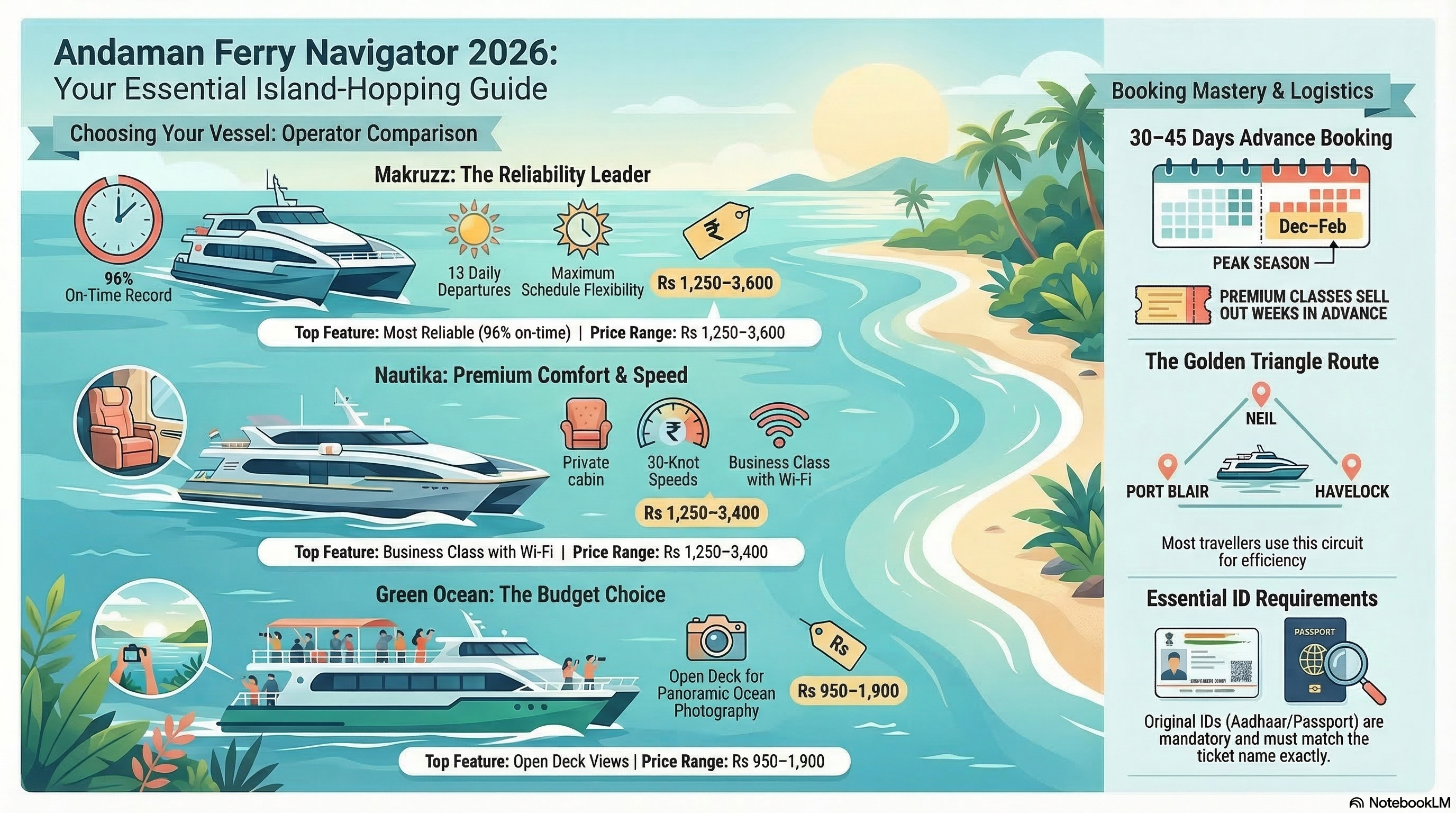 Andaman Ferry Navigator 2026 infographic comparing Makruzz Nautika and Green Ocean operators with Golden Triangle route map, booking tips, and ID requirements