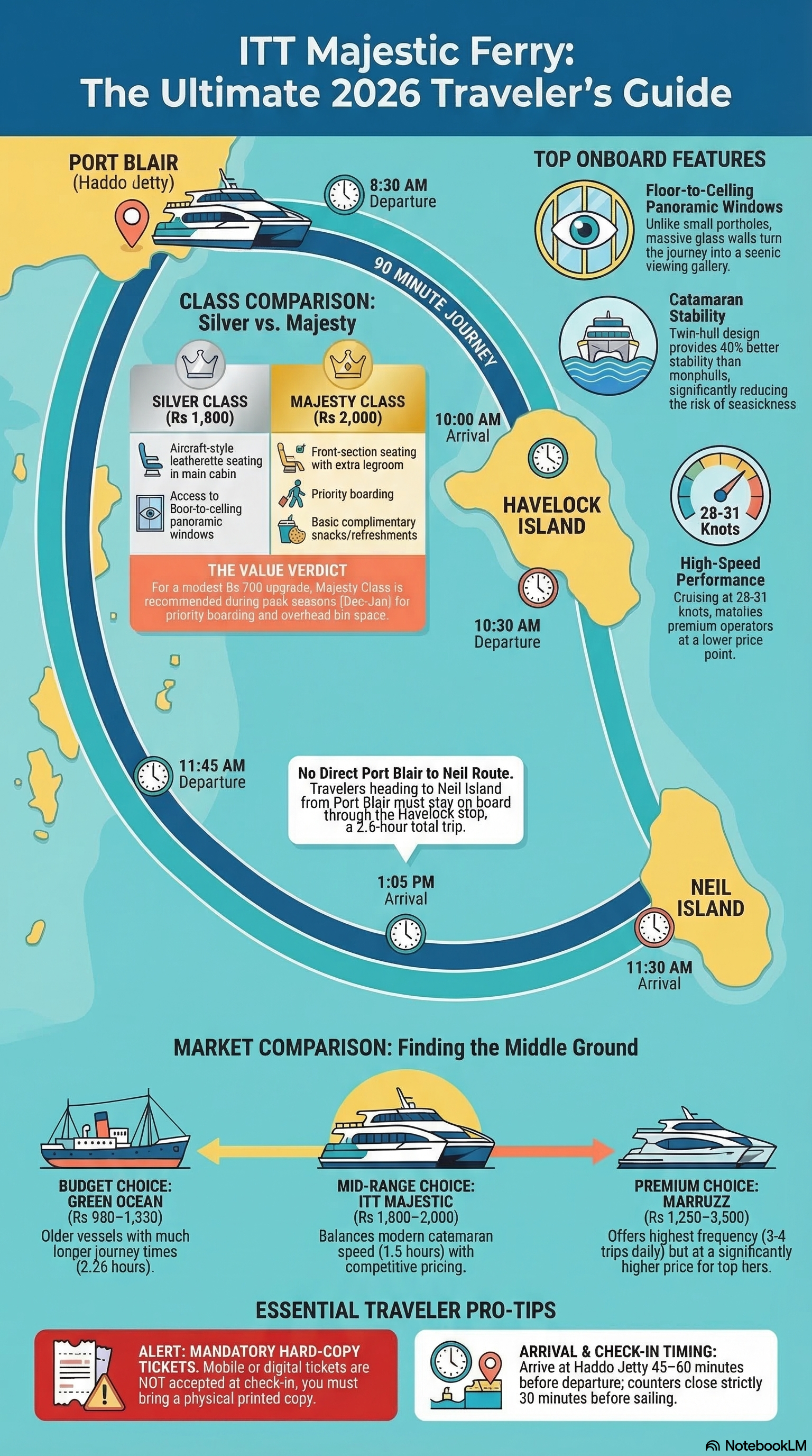 ITT Majestic Ferry 2026 traveler guide infographic showing route map, Silver vs Majesty class comparison, onboard features, market positioning, and essential pro tips
