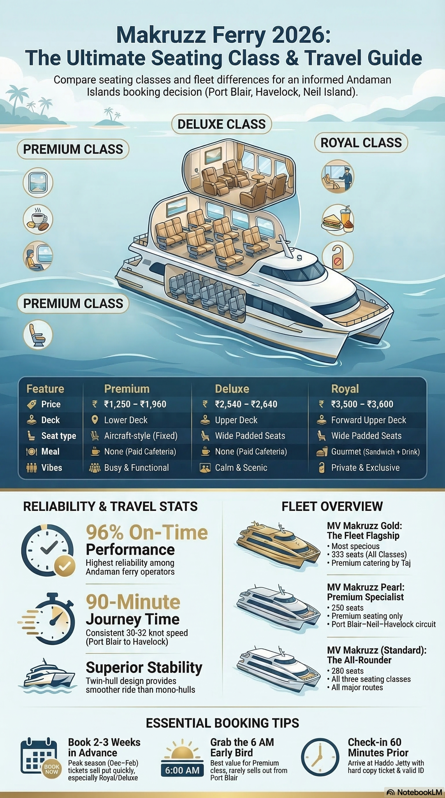 Makruzz Ferry 2026 seating class and travel guide infographic comparing Premium Deluxe and Royal classes with fleet overview and booking tips