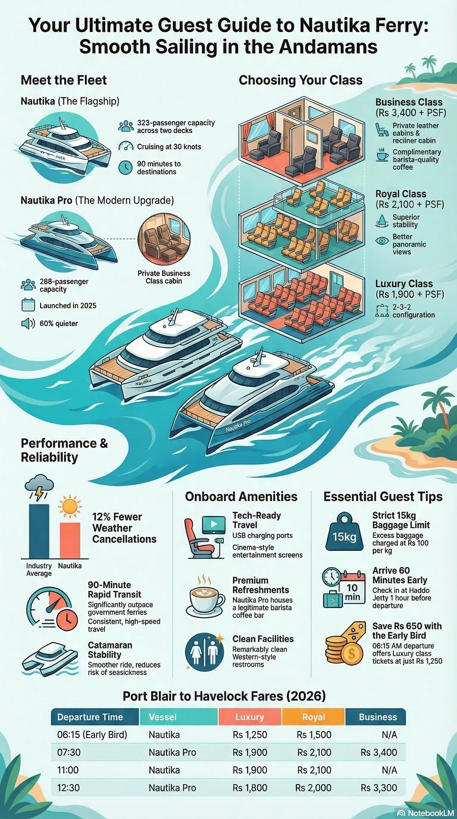 Nautika Ferry guest guide infographic covering fleet comparison, seating classes, performance stats, onboard amenities, and Port Blair to Havelock fares 2026