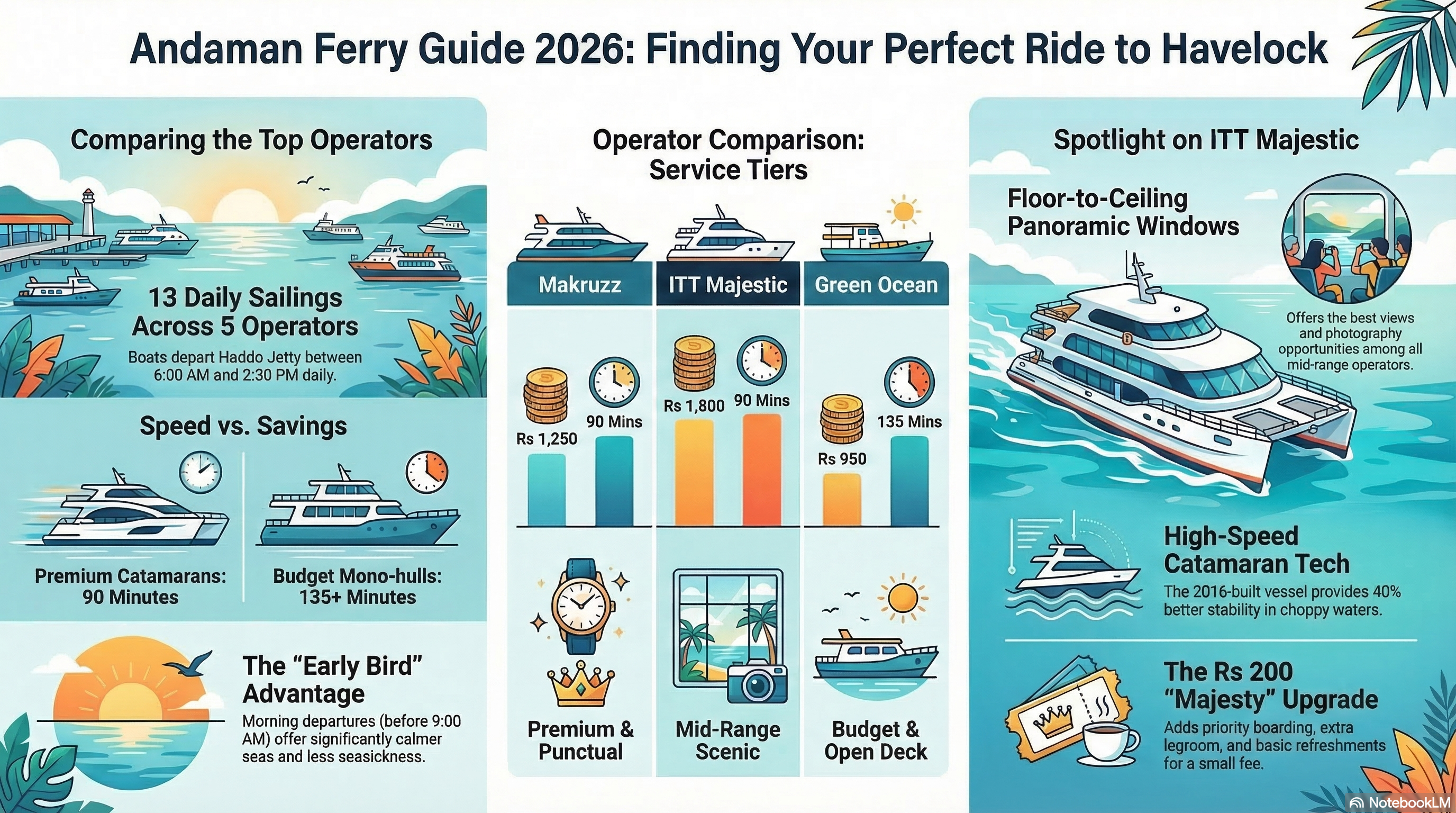 Andaman Ferry Guide 2026 infographic comparing top operators Makruzz ITT Majestic and Green Ocean with pricing, speed, service tiers, and early bird tips