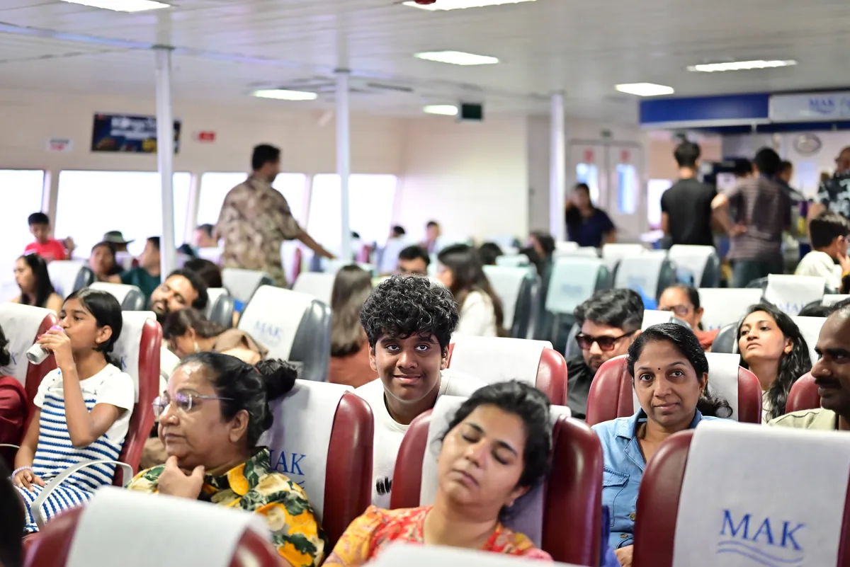 A real sailing — passengers settled in for the 90-minute crossing Real passengers seated in a Makruzz cabin during a Port Blair to Havelock crossing