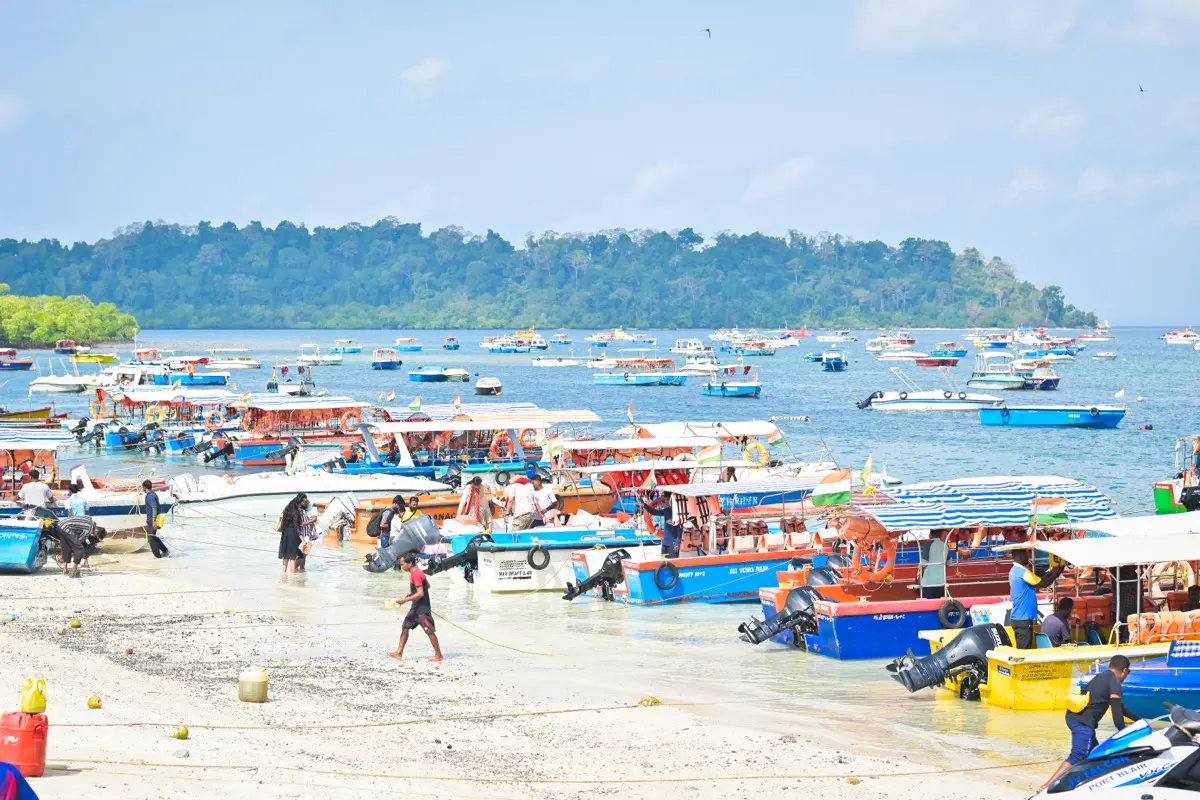 Green post-monsoon Havelock shoreline with boats returning in October